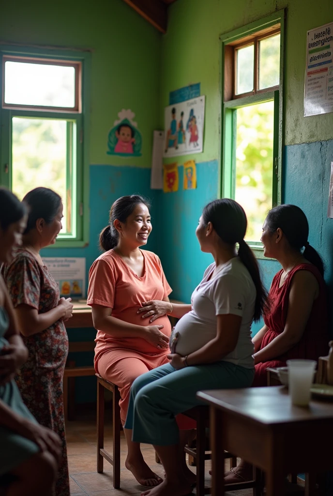 Community health nurses in a poor rural area a barangay in the Philippines helping a mother for a prenatal check-up inside a barangay clinic especially those who often do not opt for check up