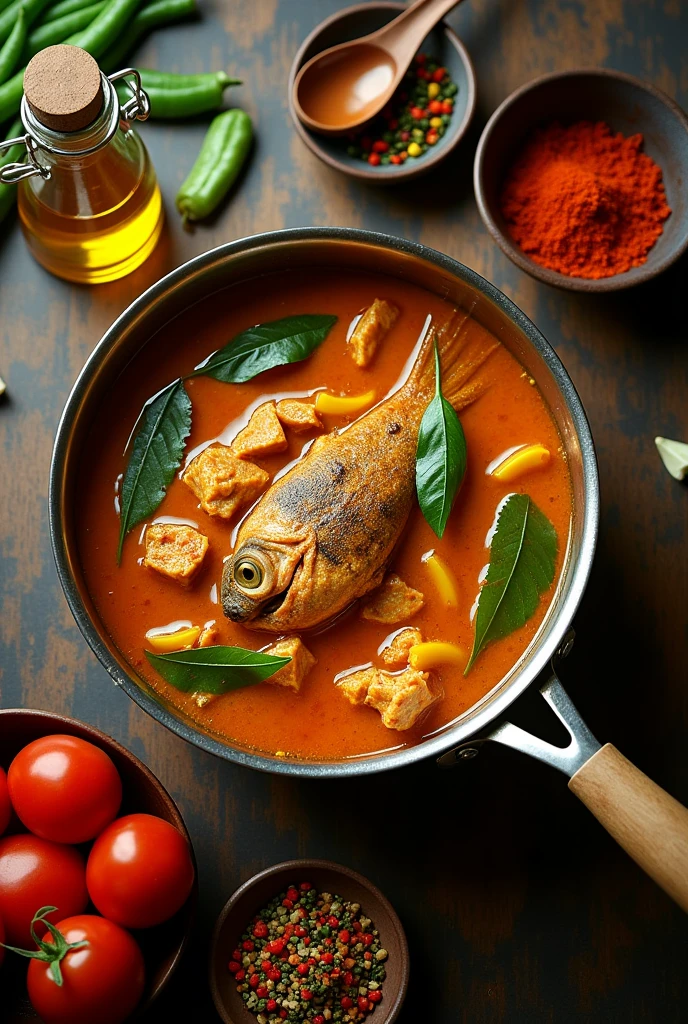 Top view of Fish head curry with ladies fingers,tomato and curry leaves in a pot, beside the pot has a cooking oil ,spices and laddle
