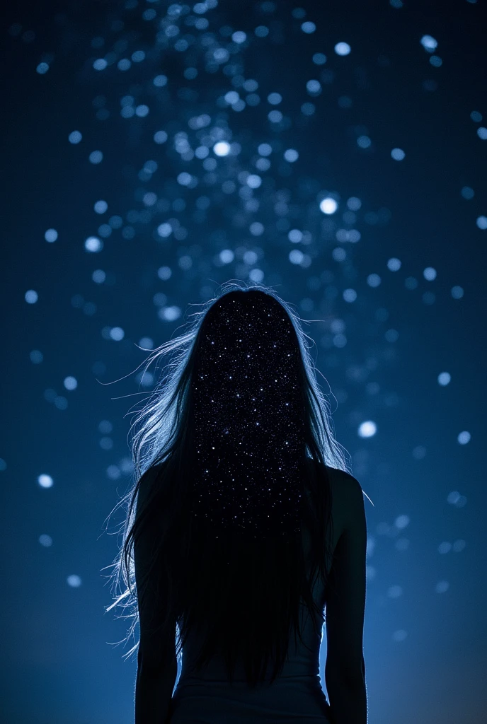 (RAW photo, realistic photo, high quality, masterpiece), Starry Sky, stars in the sky, stars form the outline of long hair woman