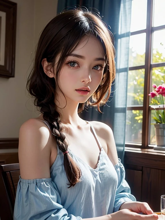 (masterpiece: 1.2, Portraiture, Highest quality), Realistic, (Live Action, Intricate details, Written boundary depth), Highest quality, masterpiece, Attention to detail, semi-Realistic, Drinking coffee in the morning , shy, 21 years old, short hair, blue eyes, blonde、 Slim figure、Shoulder Bare、Basking in the morning sun、Morning light pours in through the curtains, Wearing a nightgown, Drink coffee、Dark Room；1.5、Pitch-dark room、early morning、Braided hair