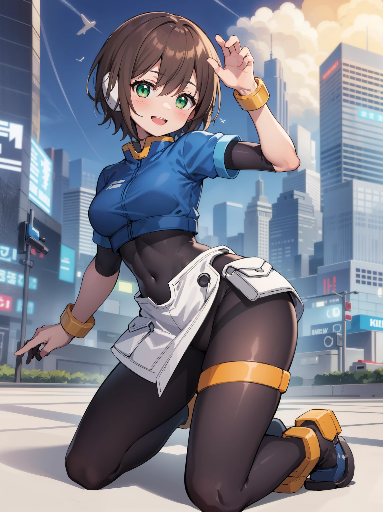 aile_megamanzx, kneeling with one hand on the ground and the other arm raised, 1girl, solo, short hair, brown hair, short sleeves, (bodysuit), robot ears, green eyes, short_shorts, short sleeves, short over long sleeves, smile, in futuristic city, , high quality, medium_breasts,crotch, slouch