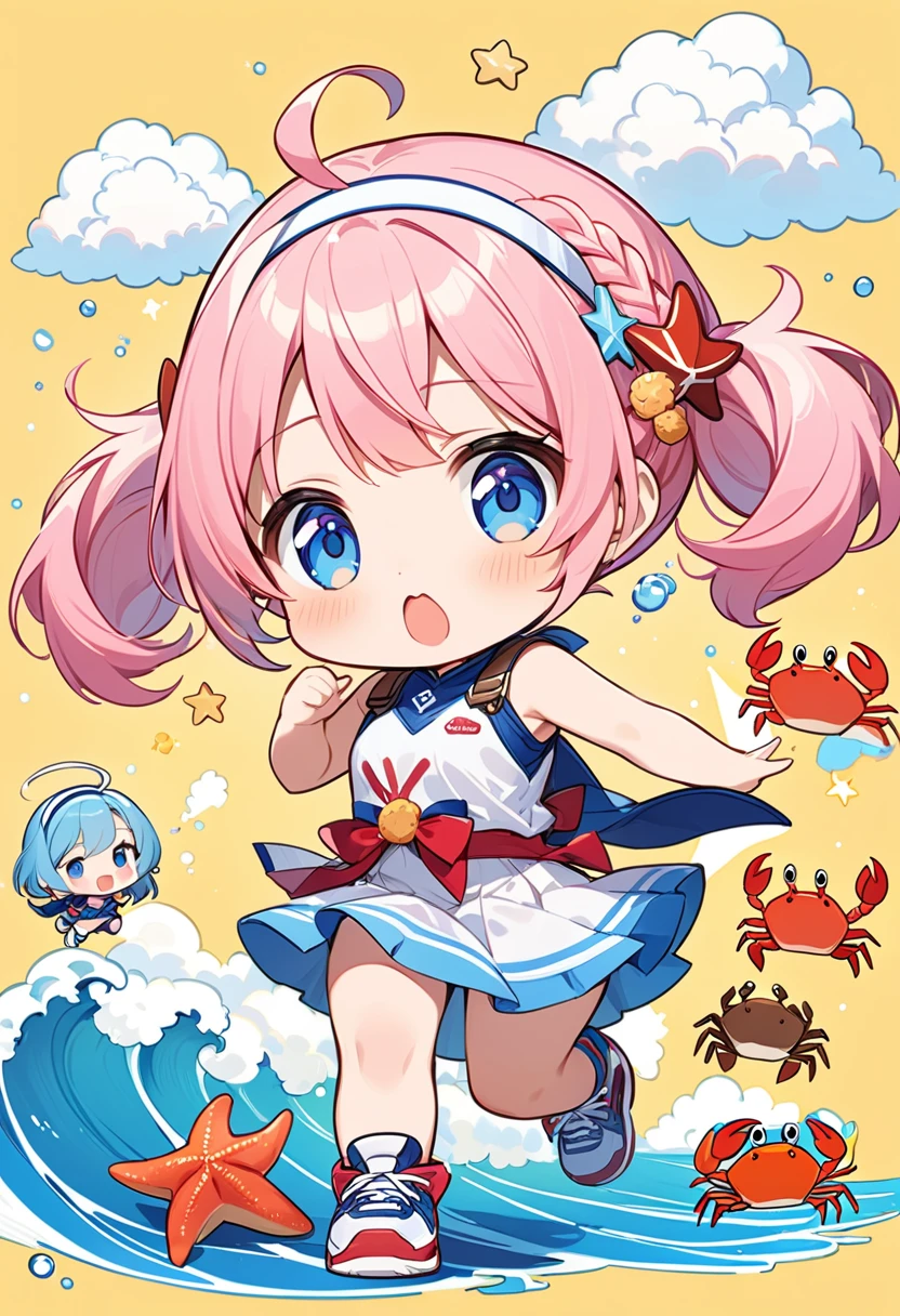 Highest quality、High resolution、Detailed Background、Beautiful face in every detail、Anatomically correct、Detailed facial expressions、fine grain、((full body, side shot:1.2,  looking away:1.2)), break　((One Girl:1.2)、((Chibi Girl:1.2)))、Bright pretty hair color、Big beautiful blue eyes、Fuller lips、Pink Lips、Braided twintails、Ahoge、(Sprint:1.2)、(Cute sleeveless T-shirt、Cute Skirt、Cute sneakers、Cute Headband)、break　((Run away in a hurry:1.5))、Facial expressions holding back from crying、((The background is the coast、巨大なStarfishの化け物、cumulonimbus、crab、Starfish:1.5))
