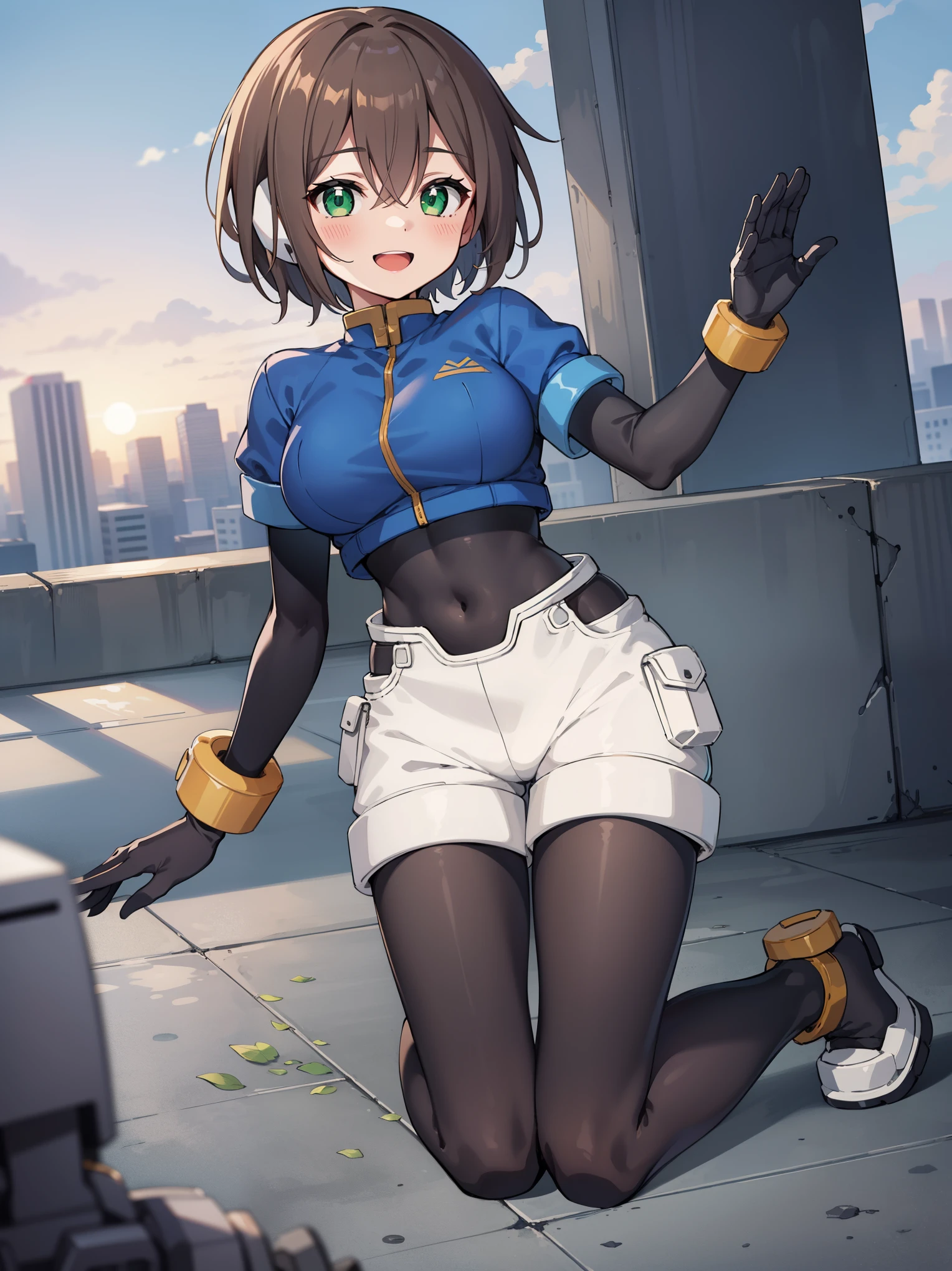aile_megamanzx, kneeling with one hand on the ground and the other arm raised, 1girl, solo, short hair, brown hair, short sleeves, (bodysuit), robot ears, green eyes, short_shorts, short sleeves, short over long sleeves, smile, in futuristic city, , high quality, medium_breasts,crotch, slouch
