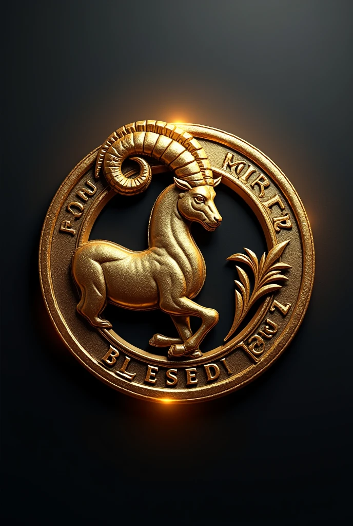 3D logo with name written "MARKEZ BLESSED" there is a picture of Capricorn behind the writing, round shape, emboss effect,putih stainless steel, artistic elegance, glowing efek.auto focus, warna logo kuning metalik, dark color background