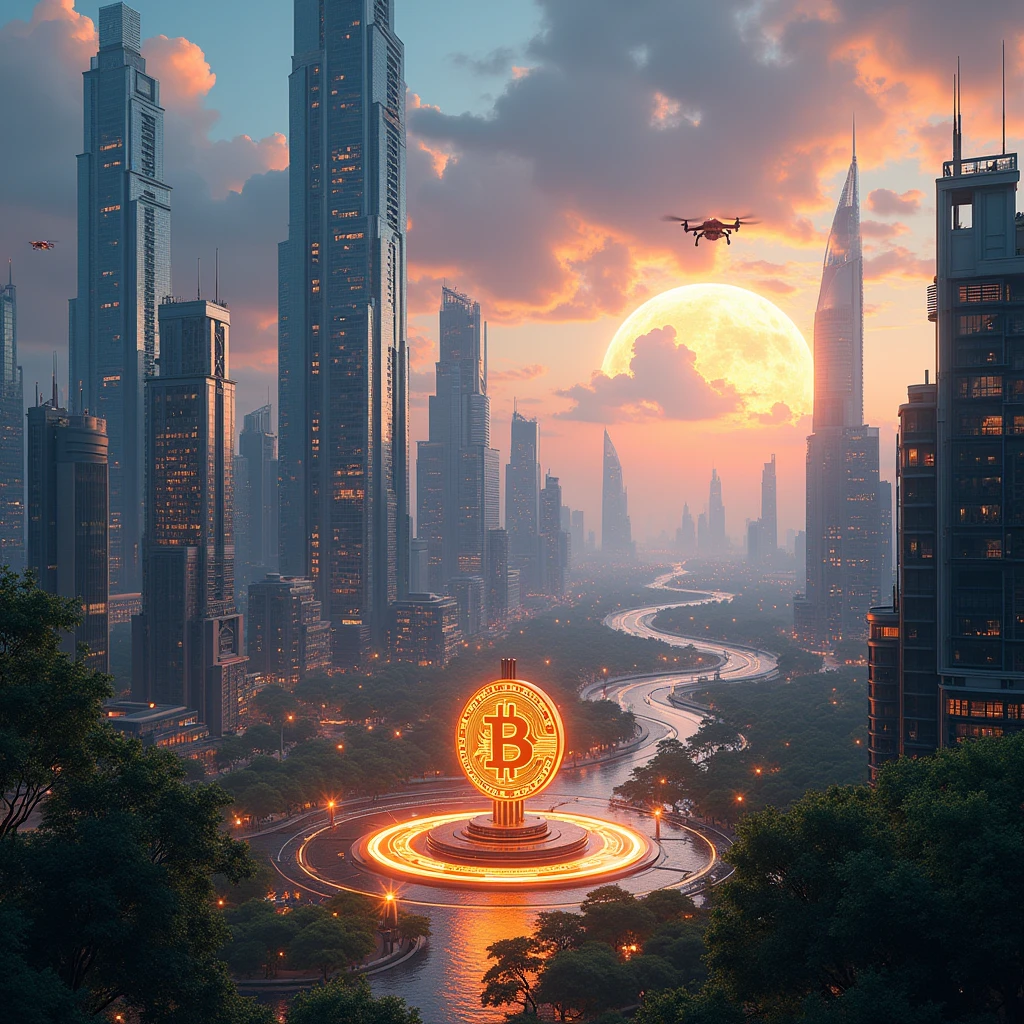 create an image of the futuristic and technological planet with the bitcoin symbol 