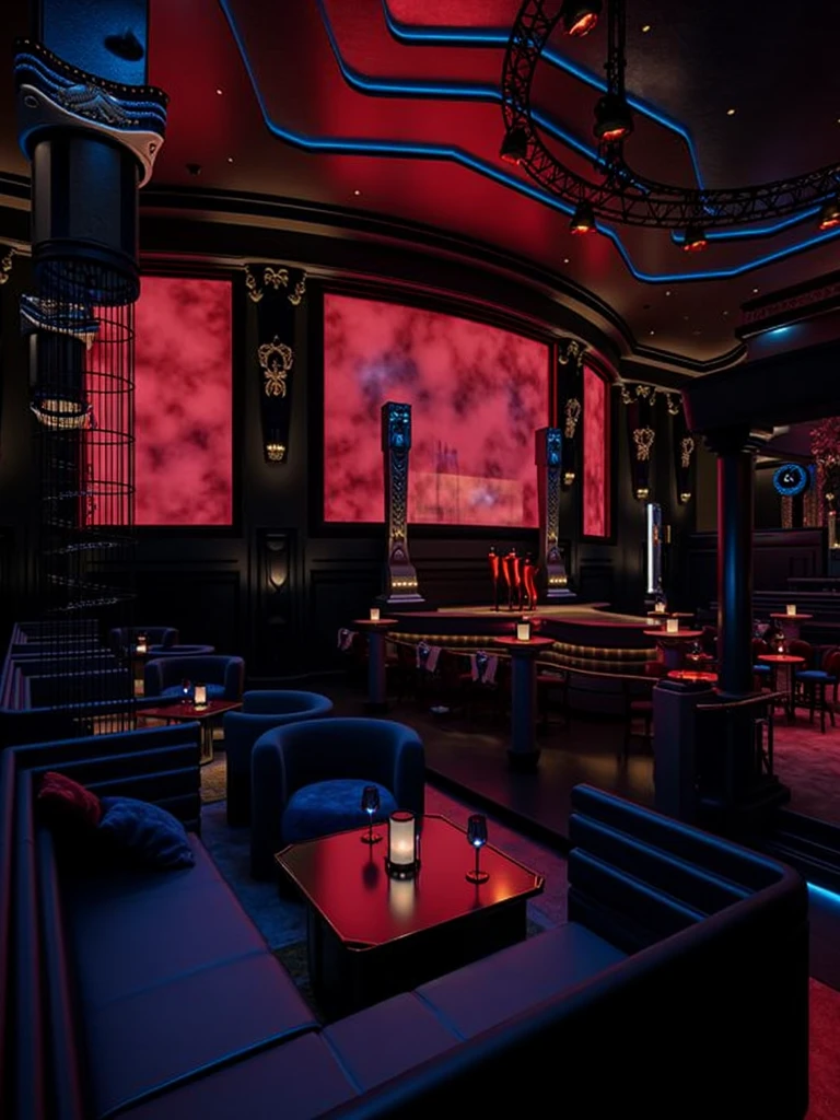there is a room with tables and chairs, detailed an empty jazz cafe, ballroom background, random background scene, neo - noir setting, red room, nightclub, stage background, vip room, rich atmosphere, theatrical scenery, theater stage, empty stage, palatial scene, fancy restaurant, rich cinematic atmosphere, va-11 hall-a