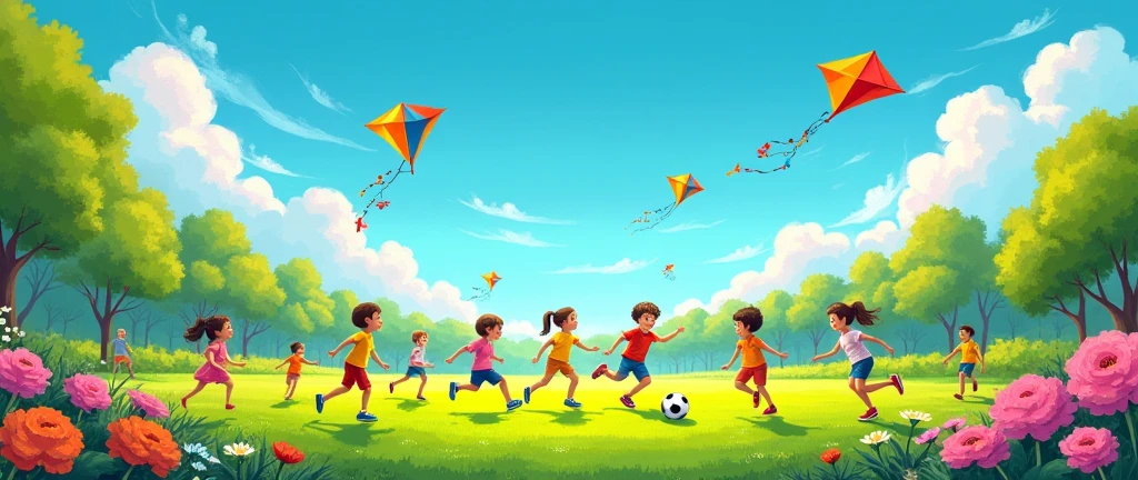 a horizontal photo, in proportion 21:8, to be used on a mural, of children playing with kites, balls in a park and soccer field