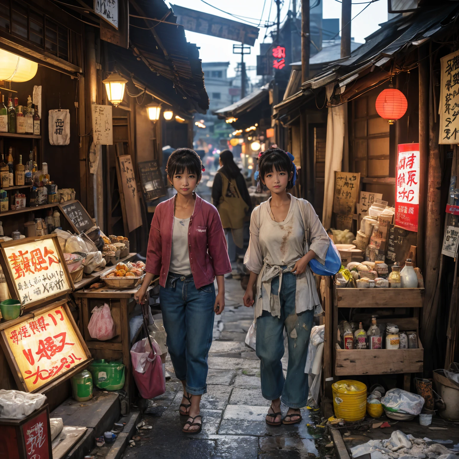 ((masterpiece、Highest quality))、Beautiful girls gather.、Three girls in summer clothes、(Showa Retro:1.2)、(Detailed and cute face:1.3)、(Poor conditions、Japan's poor neighborhoods、Dim and unsanitary、Standing Bar、みんなで楽しくdiet、Crumbling underground shopping mall)、屋台のdiet店、stage、sewage、Dirty shop、street vendors、Unsanitary and abandoned city、smile、diet、Poor person々