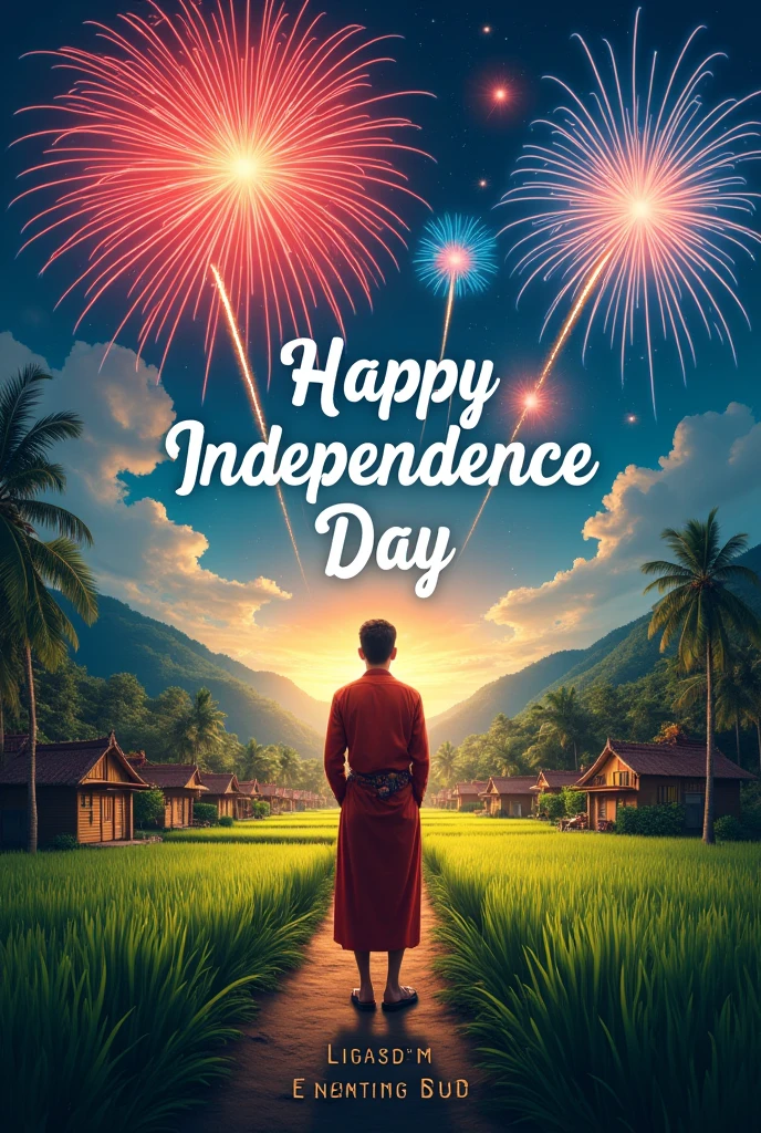Independence theme poster "Malaysia civilizes the soul of independence,village atmosphere,flag of the glorious path, fireworks,the color of the Malaysian flag,write Happy Independence Day, Malaysia civilizes the soul of independence