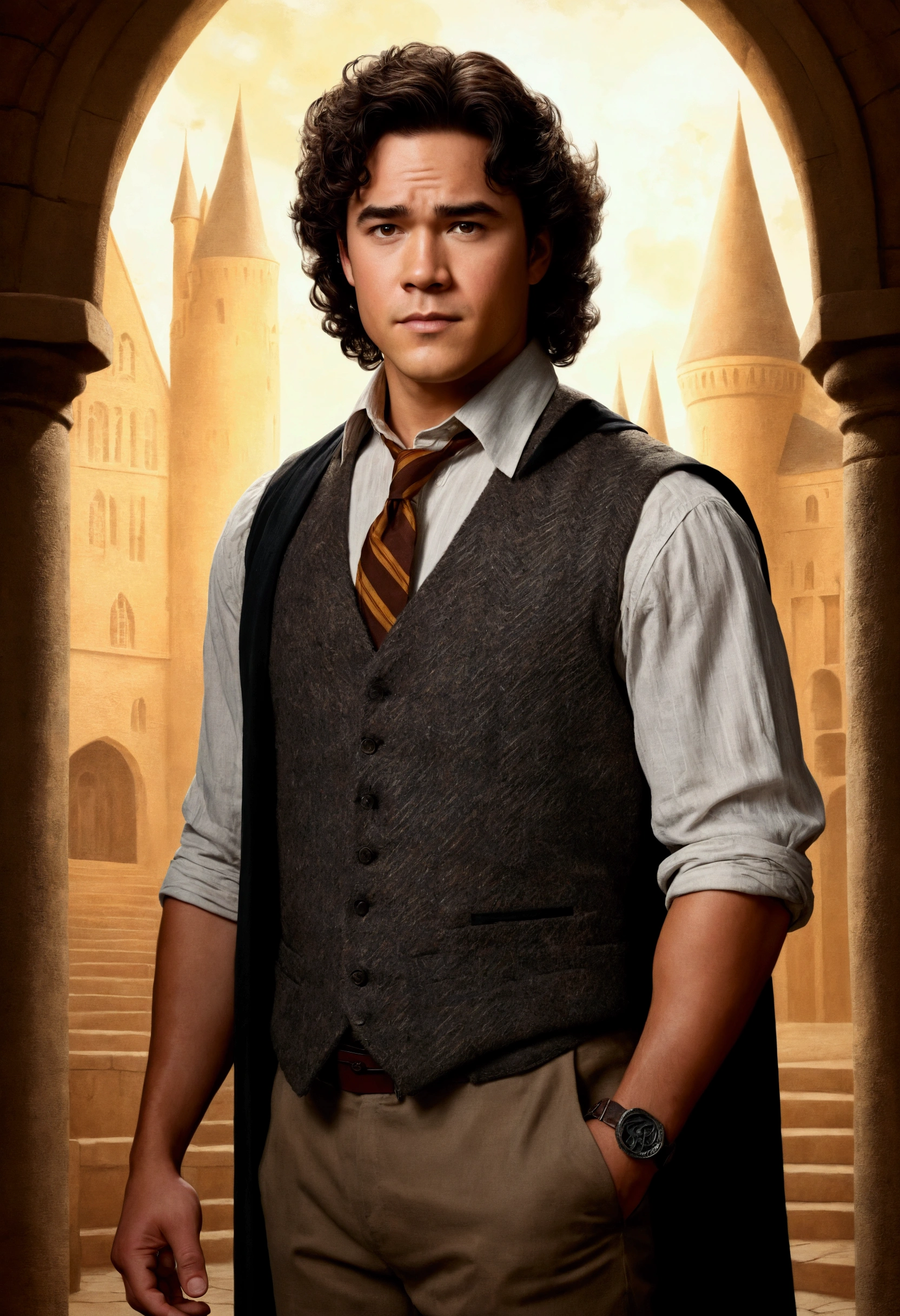 An illustrated movie poster, hand-drawn, full color, a Hogwarts Professor, 21 years old, male, brown eyes, brown-black hair, voluminous curly mane, suntan complexion, medium height, broad shoulders, stocky frame, muscular, rugged scruffy appearance, lots of body hair, resembles Dean Cain, wearing a tweed vest and slacks, standing in the transfiguration courtyard, hard shadows, graphite shading, stencil marks, airbrushed acrylic paint, masterpiece, in the style of the Deathly Hallows