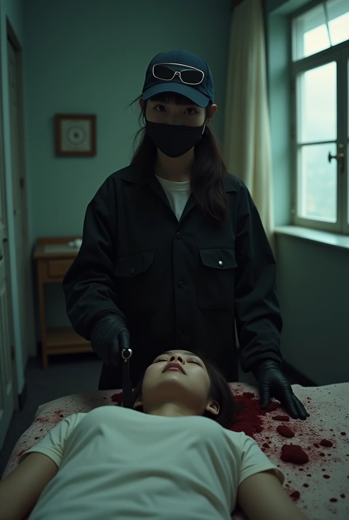 korean girl, (behind stiff, holding knife), stabbing, black surgical mask, black gloves, sunglasses, torture chamber, black raincoat, trucker hat, holding knife, black gloves, 15 years old, woman on top, behind cadaver, blood splatter, on the bed, looking at viewer, mass murderer, killer, low ponytail, blood splatter, dark atmosphere, cinematic lighting, atmospheric realistic, light from the window,
