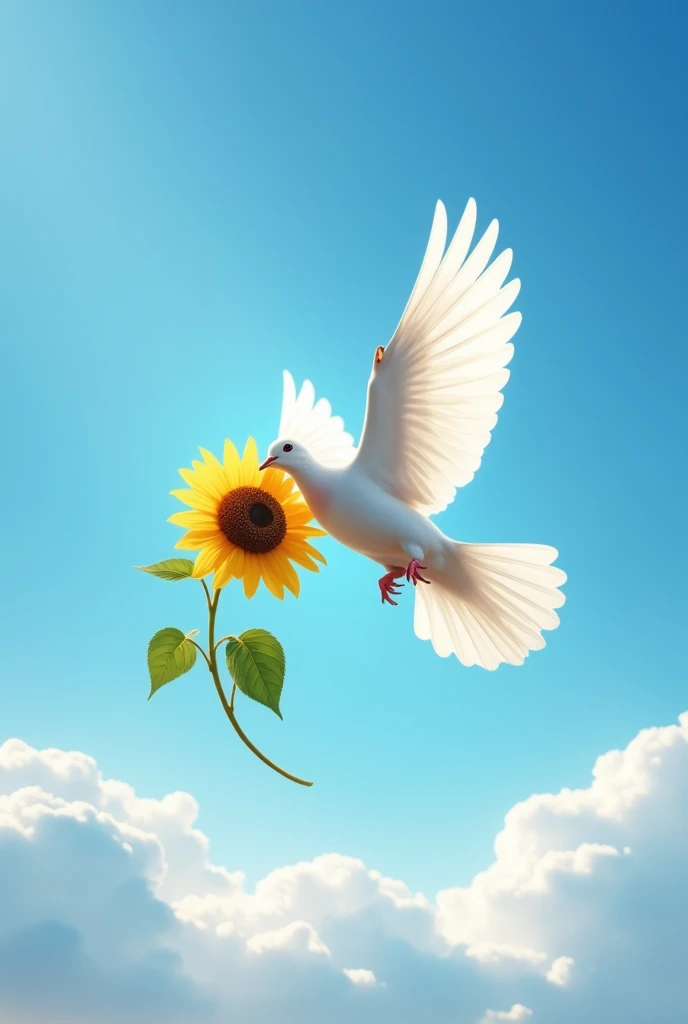 A dove carrying sunflower flying in sky with clouds