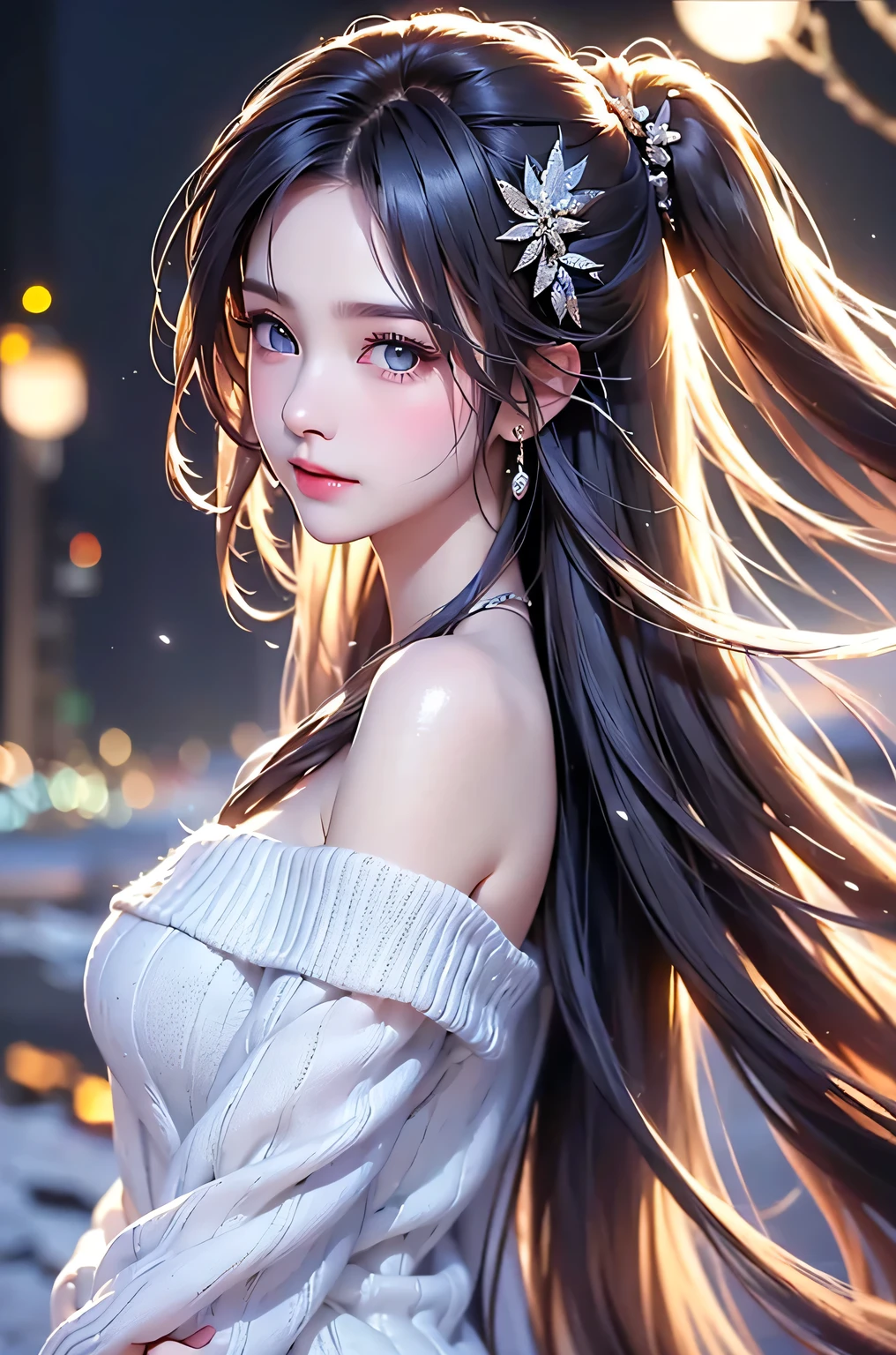 ((masterpiece:1.5、8k、Portraiture、Photorealistic and very detailed CG、Very detailed、Particle Effects、Dynamic Effects、Shallow depth of field、Cinematic Light、Lens flare、Ray Tracing、Tabletop、Realistic:1.4、Ultra-high resolution:1.2、Realistic、Realistic))((alone、 off shoulder knit sweater、Elegant woman posing、Detailed face、brightexpression、young, bright, Whiter skin、Ample breasts、Best Looks、Ultimate beauty、Shiny silver hair with highlights、bright and shiny hair,、Super long, Silky straight hair、Hair dancing in the wind))(morning、The setting is outdoors in the snow、Surrounded by illuminations)
