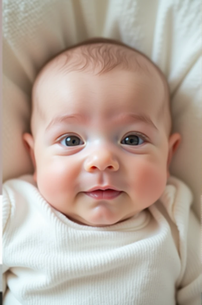 Take a photo of a 2-month-old baby with a pointed nose, thick eyebrows, handsome bald hair