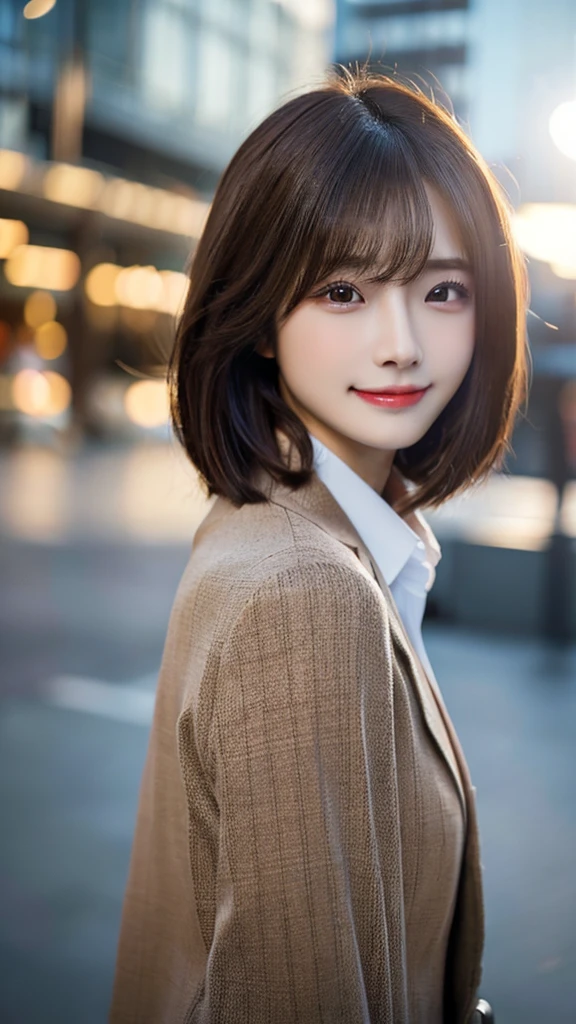 Tabletop, Highest quality, Realistic, Very detailed, finely, High resolution, 8k wallpaper, Cinema Lighting、1 person、Beautiful Japanese Women、30 years old、light brown straight bob hair, Wear a business suit, (Blurred Background、Station platform、noon、Light of the sun)、Sharp focus, Perfect dynamic composition, Narrow eyes:1.5, finelyて美しい目, Thin Hair, Detailed and Realistic skin texture, (Smile:1.3), (Tilt your head), Close-up portrait, Model body type