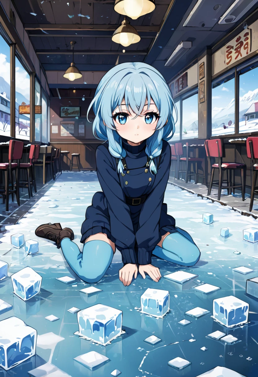 cute anime girl, lots of ice cubes floating around, abandoned restaurant in icy conditions.