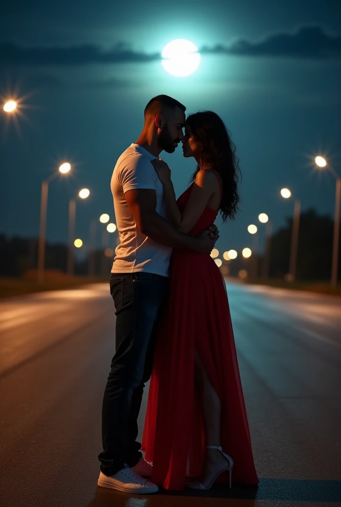 Couples a musluar man and a girl, they both are hugging eachother, man holding gun in her hand. While that man is lifting her chinup with his gun. Man wearing white t-shirt and girl wear red dress close up standing on a raod night
