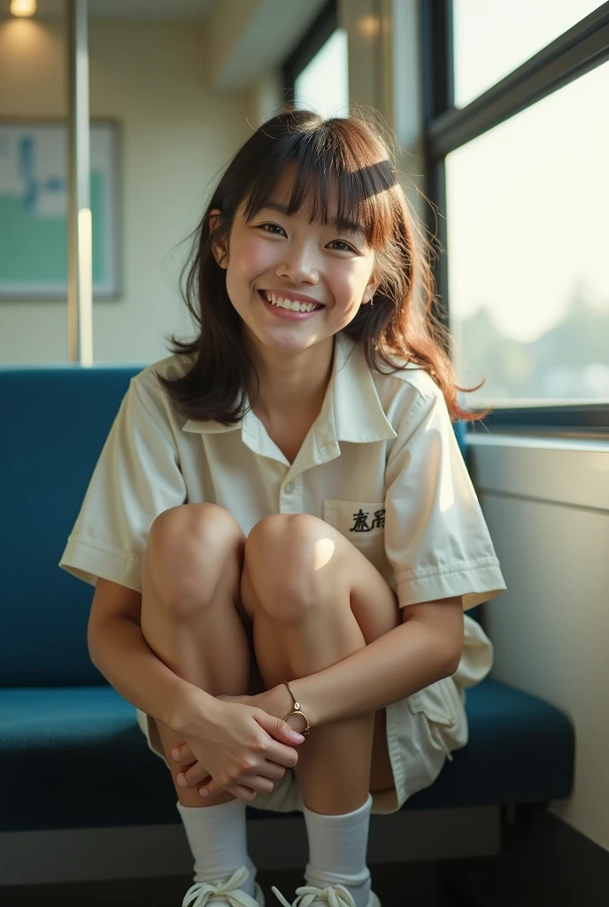 highest quality, masterpiece, Ultra-high resolution, (Reality: 1.4), Original photo, One girl, mature, White JK Uniform, happy smile, , squatting on seat in train, Cinema Lighting