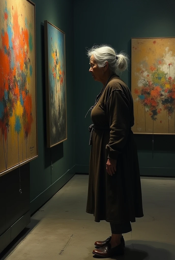 An old poor woman standing and crying and crying in painting hall