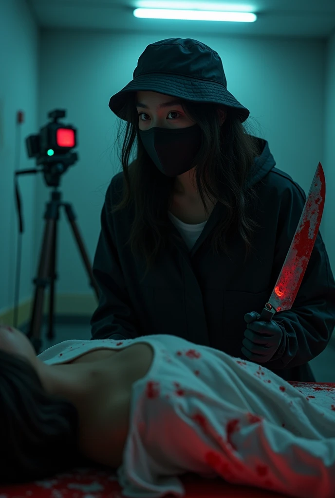 korean girl, (behind stiff, holding knife), black surgical mask, black gloves, torture chamber, black raincoat, holding knife, bucket hat, black gloves, woman on top, looking at viewer, behind cadaver, blood splatter, night, mass murderer, killer, wavy hair, blood splatter, dark atmosphere, cinematic lighting, neon light, tripod and camera in the back, shooting with camera