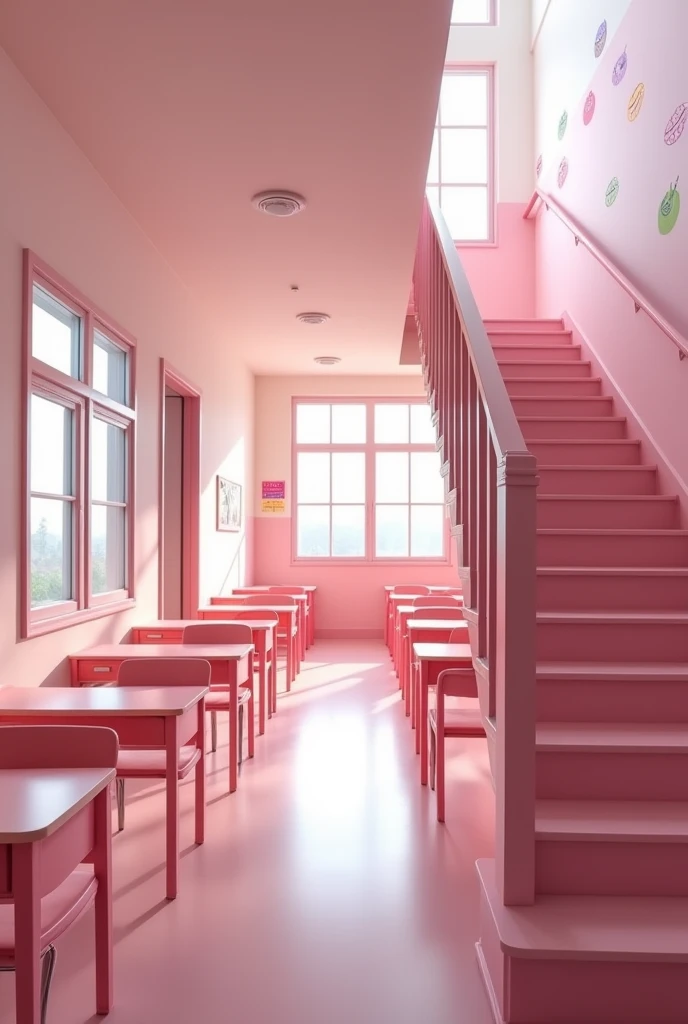 (photorealism:1.2)
Inside an empty pink and white classic school hallway second floor of a pink classic school, Along the hallway there are some classic school pink open doors of the different classrooms in which there are pink school desks,
At the right hand side of the hallway there's a wide pink school stairway going down that leads to the school first floor, there are many drawings of 💋 can be seen on the walls,
View: Over the shoulder perspective photo,
high resolution, masterpiece, best quality, intricate details, highly detailed, Hiperrealistic