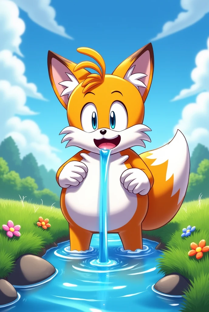 tails swallows water and has a big round belly