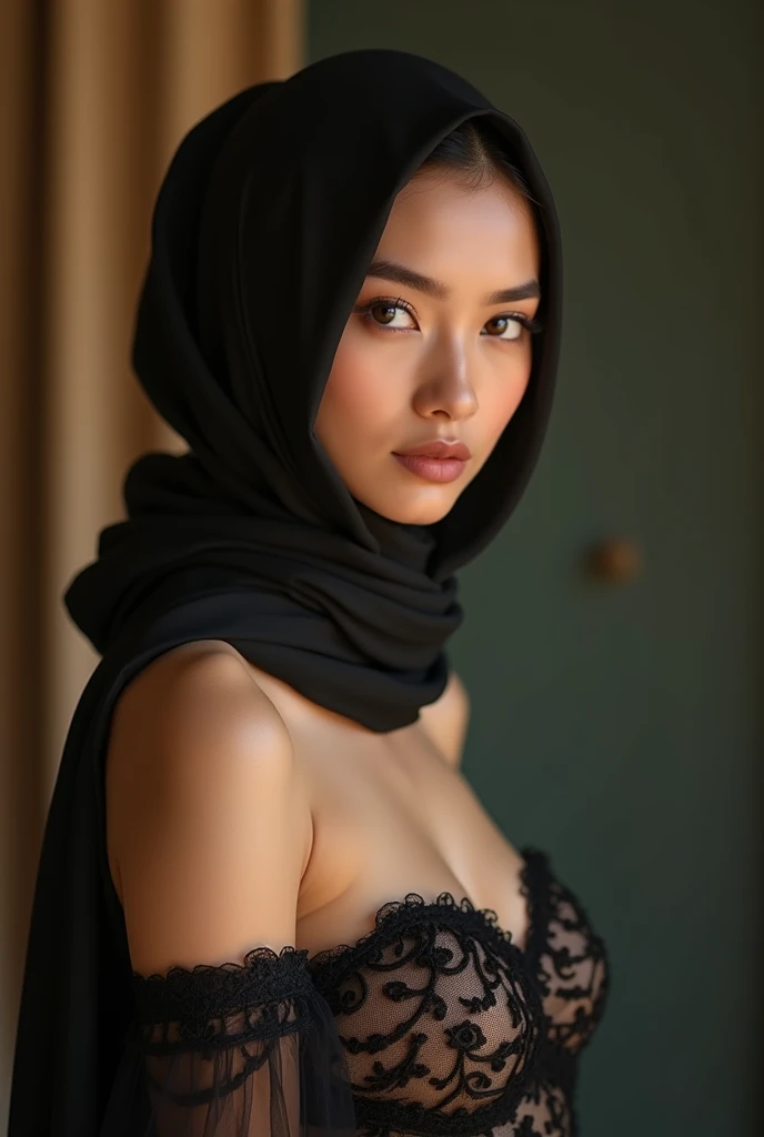 a beautiful detailed girl wearing hijab,extremely detailed face and eyes,long eyelashes,beautiful detailed lips,nude female body,extremely detailed breasts,big breasts,detailed female nude body,big bubble butt,oil slick body,direct studio lighting,high detail,cinematic lighting,photorealistic,hyper detailed,masterpiece,8k,ultra-realistic