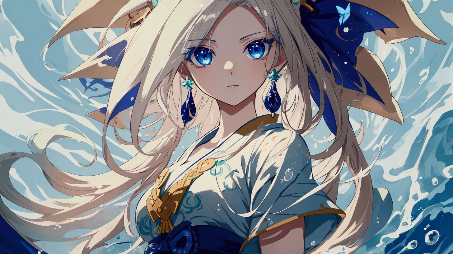 A stunning anime girl with flowing silver hair and captivating blue eyes, dressed in an elegant white uniform adorned with intricate patterns. A Japanese-style anime illustration, with a zodiac sign in shades of seafoam green, light sky-blue, and dark navy. This is a 2D game art piece featuring a detailed character design, with water drops in the background. The image is high resolution and high in detail.