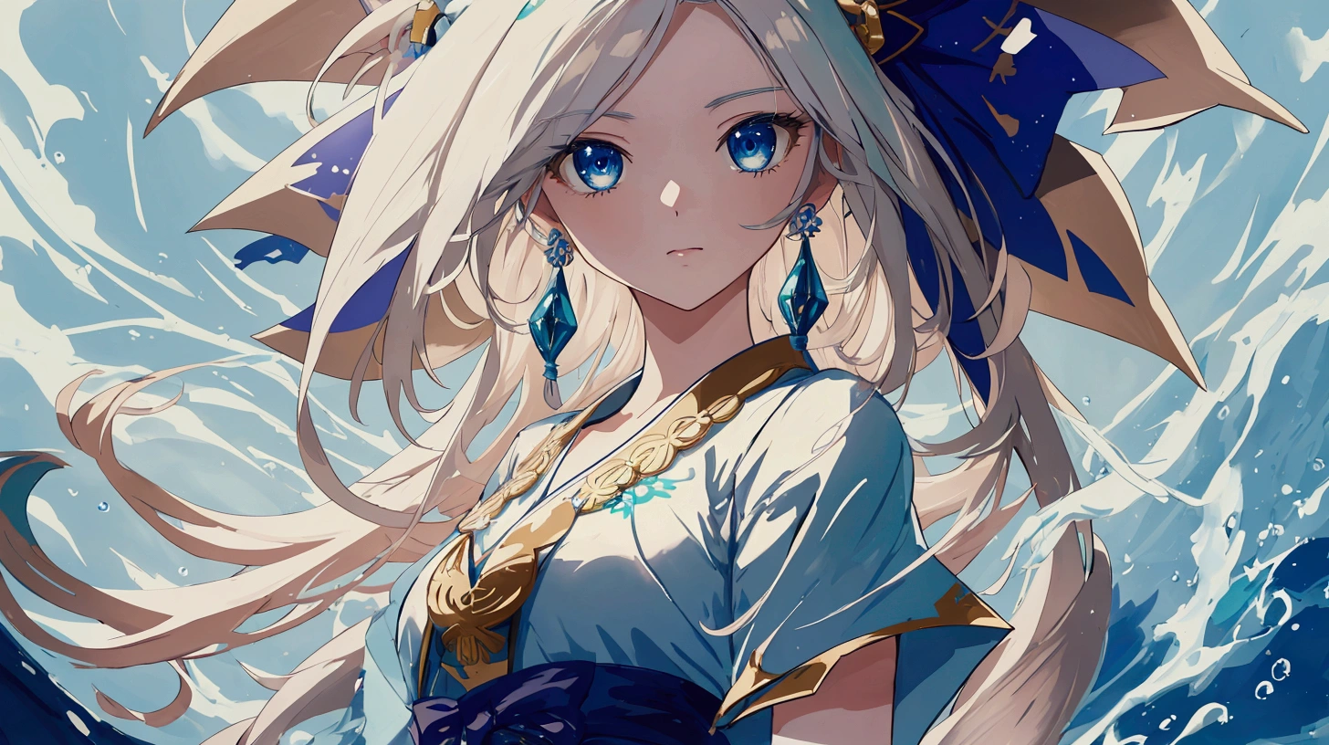 A stunning anime girl with flowing silver hair and captivating blue eyes, dressed in an elegant white uniform adorned with intricate patterns. A Japanese-style anime illustration, with a zodiac sign in shades of seafoam green, light sky-blue, and dark navy. This is a 2D game art piece featuring a detailed character design, with water drops in the background. The image is high resolution and high in detail.