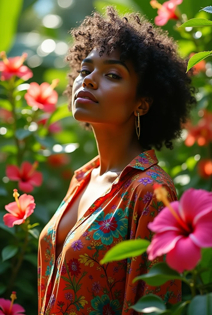 A Brazilian woman in a lush tropical garden, wearing an open shirt with a floral print, with a close-up capturing the harmonious beauty between her breasts and the natural flowers, showing off your natural charm and outgoing personality.