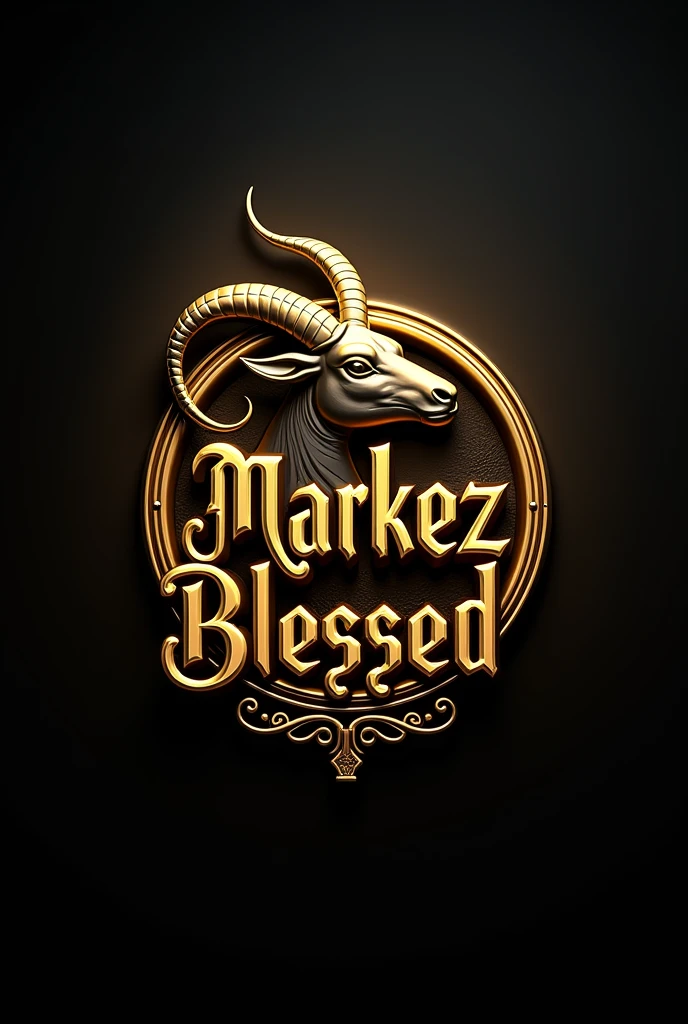 3D logo with name written "MARKEZ BLESSED" there is a picture of Capricorn behind the writing, round shape, emboss effect,stainless steel, artistic elegance, glowing efek.auto focus, warna logo kuning metalik, dark color background