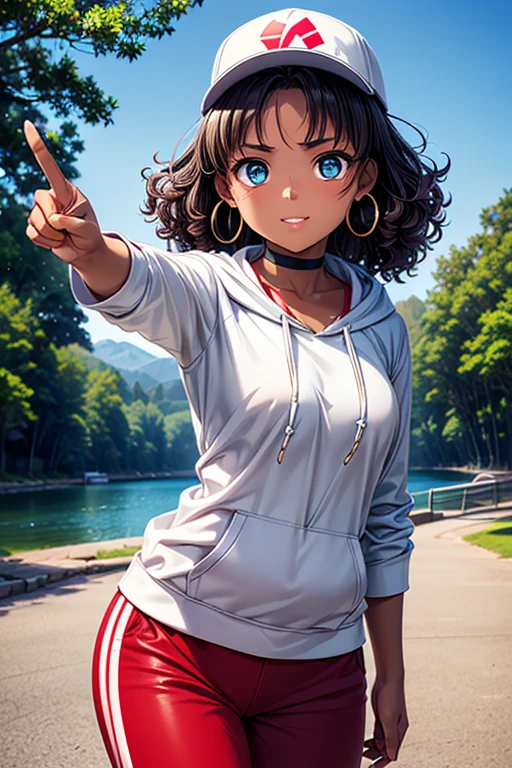 #Basic
A girl posing for a photo, (((One Girl))), (((Baby Face:1.4)) + ((cute:1.4)) + ((15 years old))),
break
#Clothing Accessories
((Green hoodie:1.4)) + ((White shirt)) + ((Blue jogger pants)) + ((Blue trucker hat)) + ((Red sneakers)),
((Gold Hoop Earrings)), ((Black choker)),
break
#Features
((Black Hair:1.2)) + ((Center-parted bangs + Bangs that expose the forehead)) + ((very long transverse hair)) + ((short hair : Long Hair + Curly hair + Wild Hair + Voluminous Hair)),
((Droopy eyes:1.4, Big eyes:1.2), blue eyes), (Small breasts:1.2), (中立的な顔のFeatures), (Tanned dark skin:1.4),
break
#background environment
((noon, Riverside surrounded by nature, blue sky, camp)),
#Facial Expression Pose
((Wicked Smile)), ((Stretching out his hand towards the camera and making a peace sign、Standing strong and proud)),
#composition
((Angle from the front:1.2, Cowboy Shot)),
break
#Body parts elements
(Slim figure),
(Symmetrical facial features),
(Detailed Hair, Beautiful Hair, Shiny Hair),
(double eyelid, Long eyelashes, Thin eyebrows:0.5, Thin eyebrows:0.5),
(Expression of fine eyes, Beautiful and delicate eyes, Sparkling eyes, Eye Reflexes, Glitter Eyeliner),
(Human Ear),
(Beautiful Nose, Thin Nose),
(Glossy Lips, Beautiful Lips, Thick lips),
(Textured skin, Detailed skin, Textured skin, Beautiful Skin, Oily skin),
break
#quality
(((最高quality)), ((masterpiece:1.3)), ((Very detailed))), ((Ultra-high resolution)), ((16K)), ((1080P)), ((Full HD)),
((Anatomically correct)), ((Realistic)), (3DCG), ((Oil painting)),
((comics, anime)), (CG illustration), (RAW Photos),