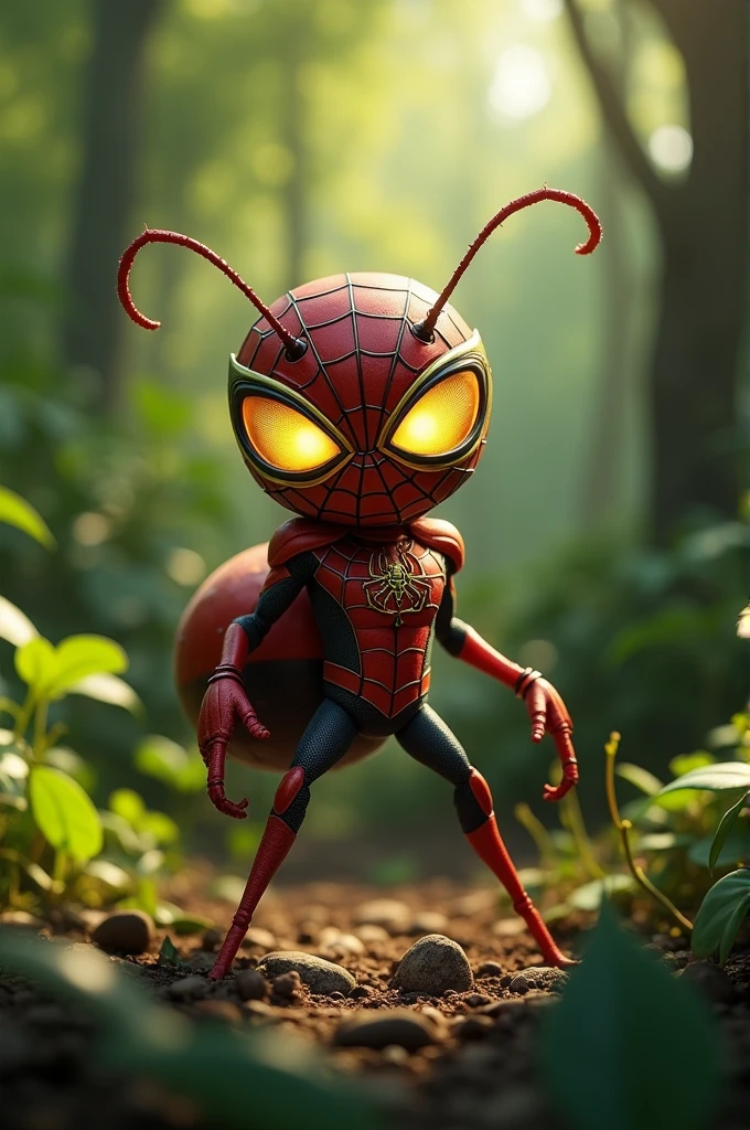 Ultra realistic 3D animated image of an ant wearing a complete Spiderman costume according to the original colors, red black, gold yellow, Spiderman head, glowing eyes, shady forest background, image focused on the object