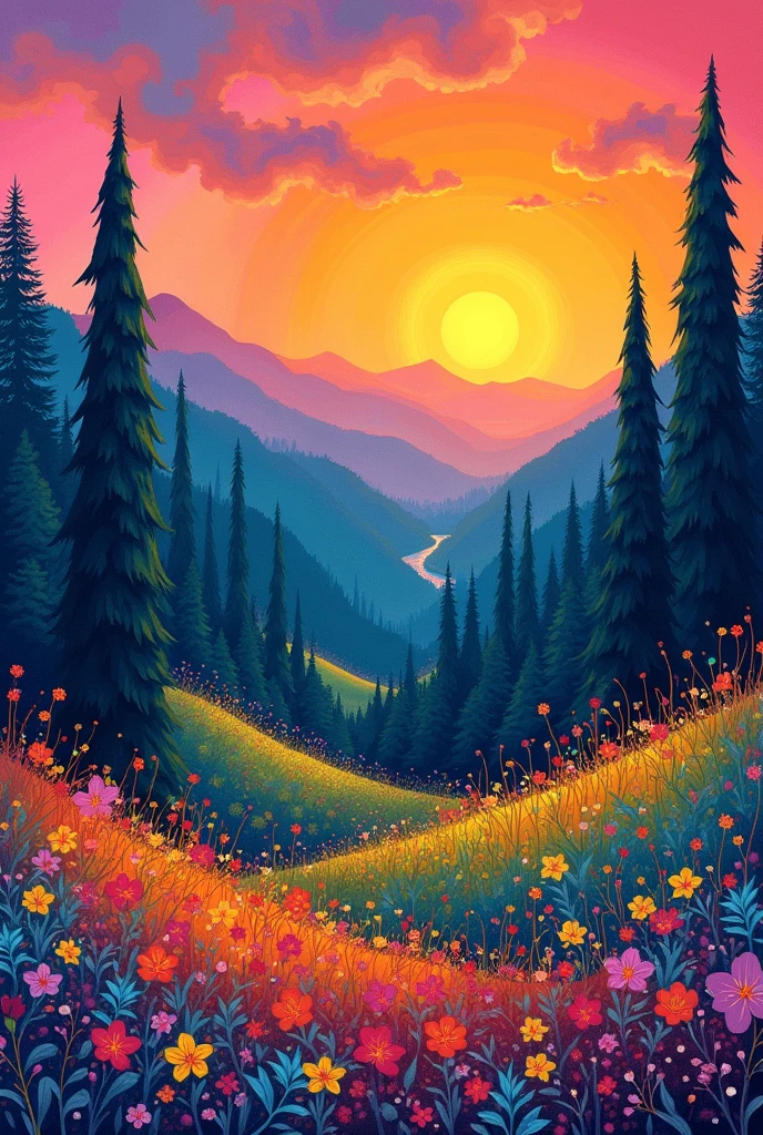 painting of a colorful landscape with trees and flowers in the foreground, vector art inspired by Eyvind Earle, trending on pixabay, naive art, vibrant gouache painting scenery, whimsical forest, colorful landscape painting, whimsical fantasy landscape art, nature painting, sunset illustration, bright landscape, sunny landscape, mythical floral hills, vibrant setting, landscape illustration, painted landscape, adobe illustrator art