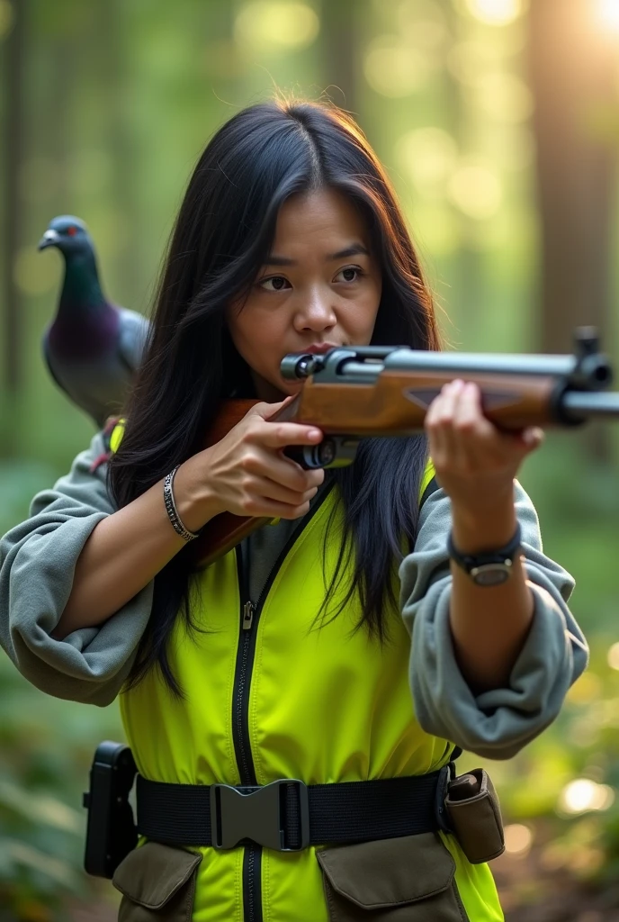 woman, 55 years old, 1 meter 60, long black hair, hunter, fluorescent vest, drill, aiming rifle, close-up, pigeon mocking behind.