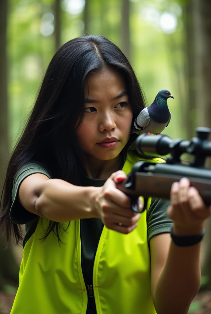woman, 55 years old, 1 meter 60, long black hair, hunter, fluorescent vest, drill, aiming rifle, close-up, pigeon mocking behind.