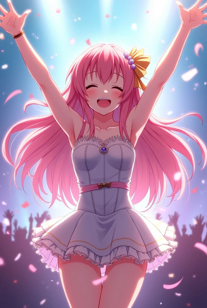 Anime idol pose, arms outstretched, happy, facing the audience, hands as if reaching out, close-up of arms, arms spread wide, arms and hands need to be visible.. Further out