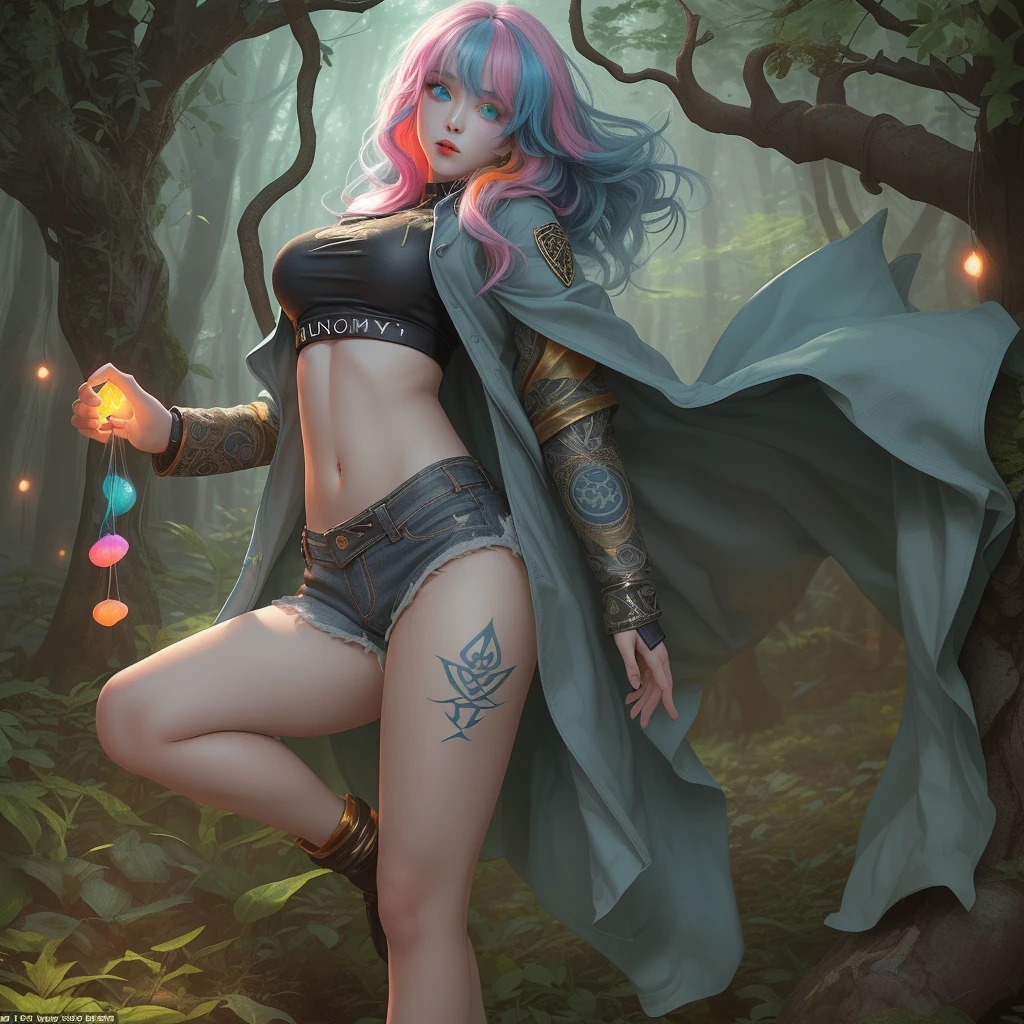 A fantasy girl with light blue-gray skin and large, vibrant eyes stands in a magical forest filled with large, glowing mushrooms. She has long, multi-colored hair that mixes blue-green, pink, and orange, which hangs from under the hood of an intricately patterned, bright orange cloak. Her face and body are adorned with tribal rune tattoos that match the pattern on her jacket. She wears a tight-fitting black crop top and dark denim shorts with metallic trim, giving her a look that is a mix of ancient, intricate, and futuristic. The backdrop is a dimly lit dream forest, giving the feeling of being in a dreamland of fantasy and wonderland..