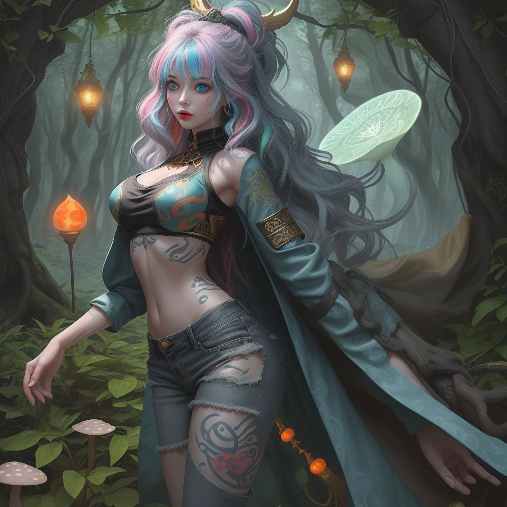 A fantasy girl with light blue-gray skin and large, vibrant eyes stands in a magical forest filled with large, glowing mushrooms. She has long, multi-colored hair that mixes blue-green, pink, and orange, which hangs from under the hood of an intricately patterned, bright orange cloak. Her face and body are adorned with tribal rune tattoos that match the pattern on her jacket. She wears a tight-fitting black crop top and dark denim shorts with metallic trim, giving her a look that is a mix of ancient, intricate, and futuristic. The backdrop is a dimly lit dream forest, giving the feeling of being in a dreamland of fantasy and wonderland..