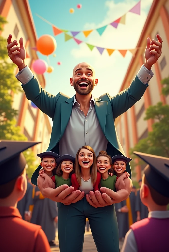 I need a digital art image
Which is fictional
There is a teacher who is so happy with his students on there graduation and in the image the sir should be larger than life size and the students should be placed with in the hands arch of the teacher the teacher is baled head and the students face should be facing towards us
The students should be inside teachers hand