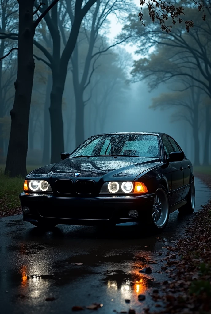 full black bmw e39 night storm in dark forest