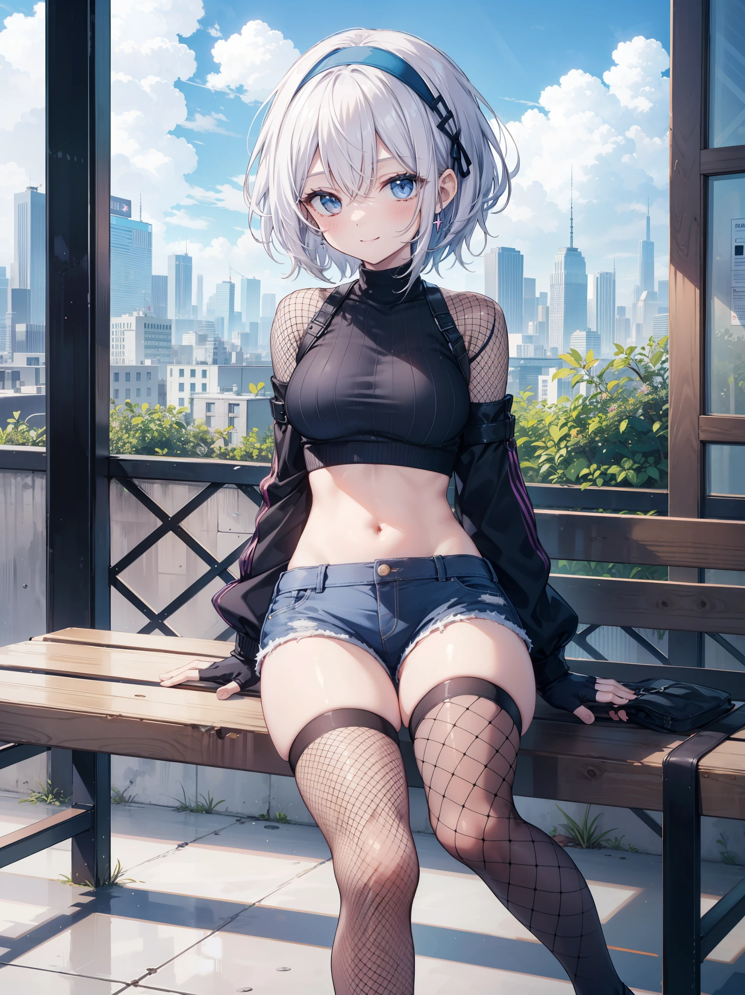 ,Haircuts, pixie cut,
壊す crop top, fingerless gloves, fishnet Thighhighs, fishnet, forehead protector, gloves, head band, belly button, short shorts, shorts, single sleeve, single thigh high, No sleeve, No sleeve turtleneck, Thighhighs, turtleneck,
bench、blue sky、smile, solo,rising_leg,solo