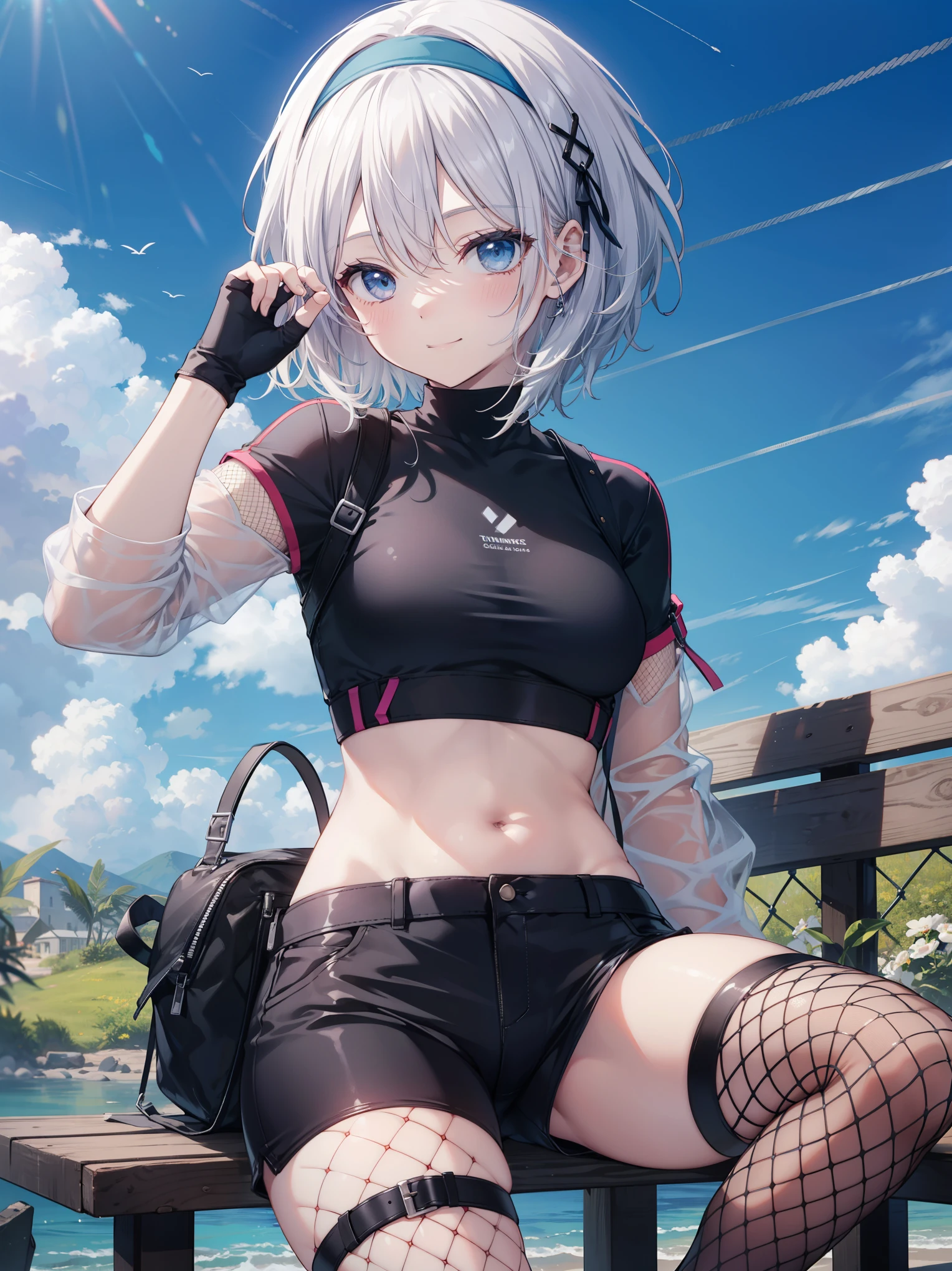 ,Haircuts, pixie cut,
壊す crop top, fingerless gloves, fishnet Thighhighs, fishnet, forehead protector, gloves, head band, belly button, short shorts, shorts, single sleeve, single thigh high, No sleeve, No sleeve turtleneck, Thighhighs, turtleneck,
bench、blue sky、smile, solo,rising_leg,solo