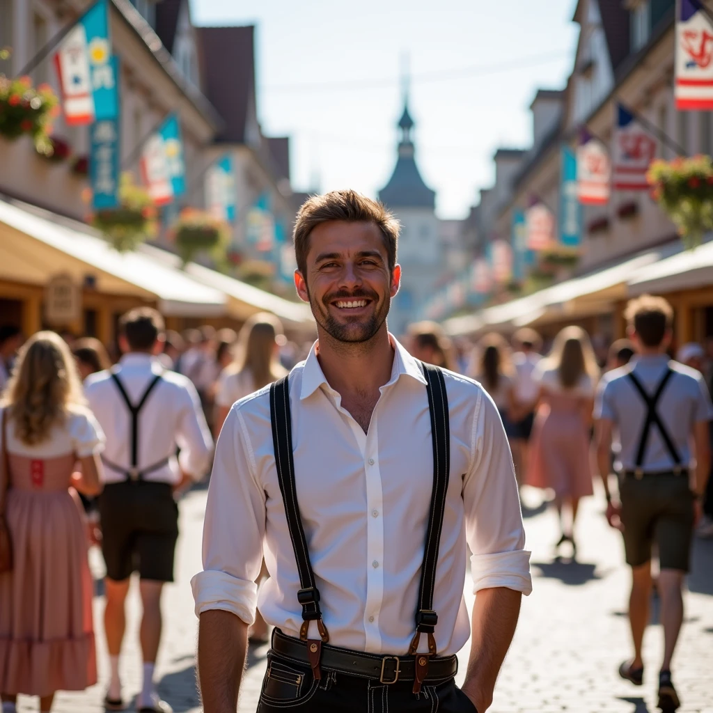 a realistic image of a man he wears typical German clothes (your shirt is white, your suspender is black) and is celebrating at Oktoberfest. In the background, families walking in traditional costumes and buildings of German culture