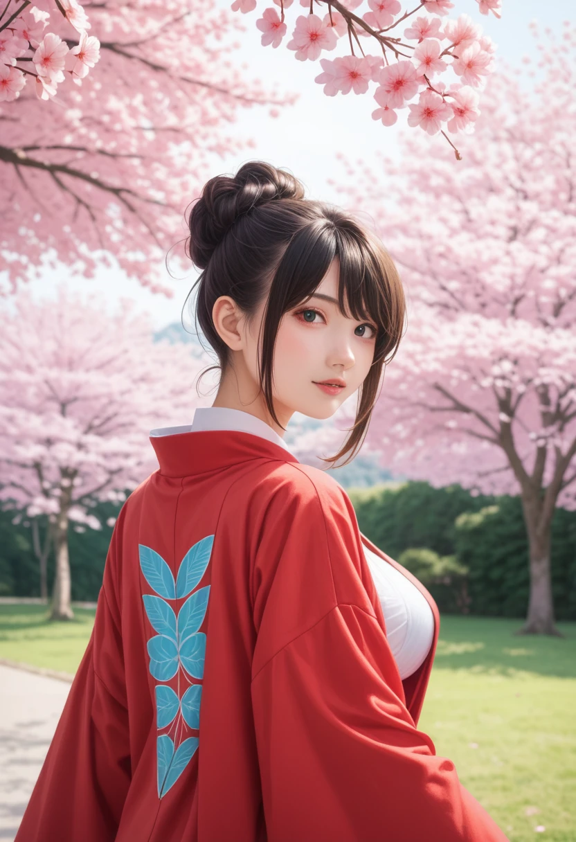 score_9,score_8_up,score_7_up,(pastel-color),(high brightness colors),Cute 20-year-old Japanese 1 girl,solo,(8k, masterpiece, ultra-detailed, best quality, ultra high res, newest, very aesthetic, absurdres, illustration, perfect composition),(hires),looking at viewer,black hair,shiny skin,fair skin,(upper body:1.5),toothless smilev,emphasizing her curvy body and large breasts,A beauty in a vibrant red kimono, gracefully looking back over her shoulder, background of cherry trees in full bloom