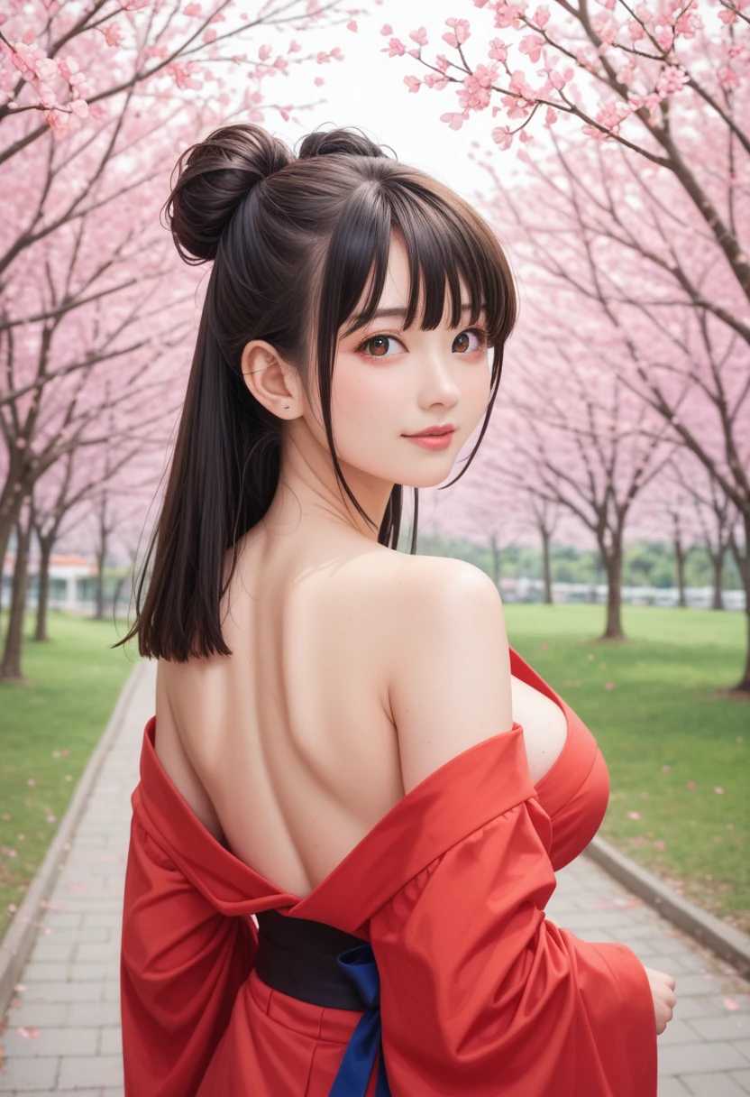 score_9,score_8_up,score_7_up,(pastel-color),(high brightness colors),Cute 20-year-old Japanese 1 girl,solo,(8k, masterpiece, ultra-detailed, best quality, ultra high res, newest, very aesthetic, absurdres, illustration, perfect composition),(hires),looking at viewer,black hair,shiny skin,fair skin,(upper body:1.5),toothless smilev,emphasizing her curvy body and large breasts,A beauty in a vibrant red kimono, gracefully looking back over her shoulder, background of cherry trees in full bloom