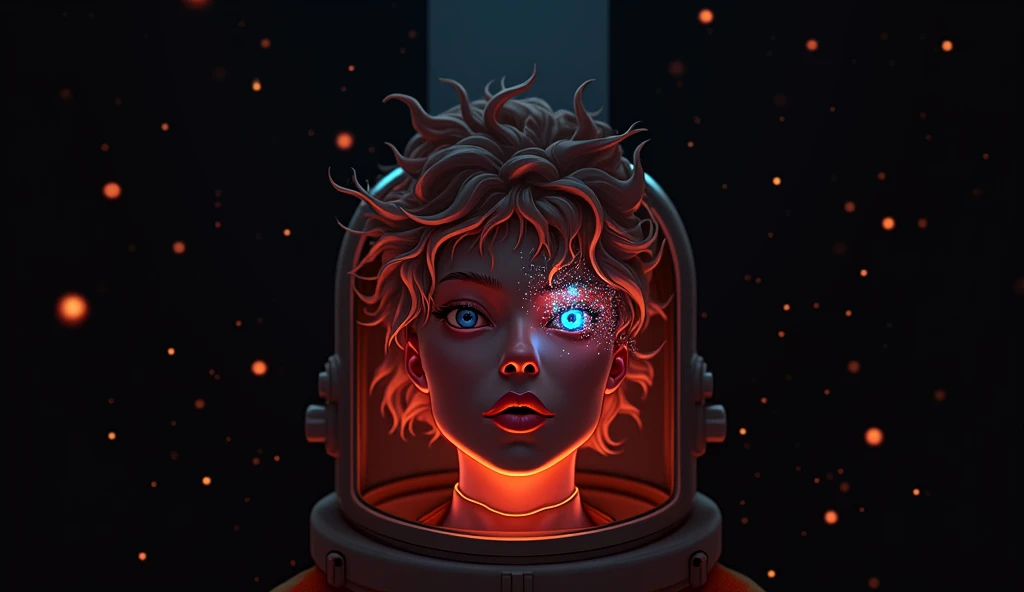 (Close-up of a better masterpiece:1.5)0.9], (Space and astronauts:1.2) (Messy silver hair:1.1) (Heterochromia xanthochromia and blue eyes:1.2) (Space Helmet:1.0) (Colored stars in the eyes:1.0) (A radiant glow:1.1) (thick lips:0.9)