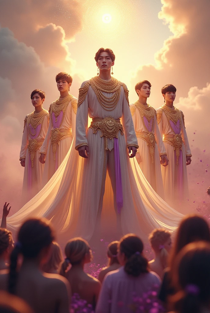Bts as powerful gods with gold jewelry and sparkling clothes in white and purple colors and large crowd