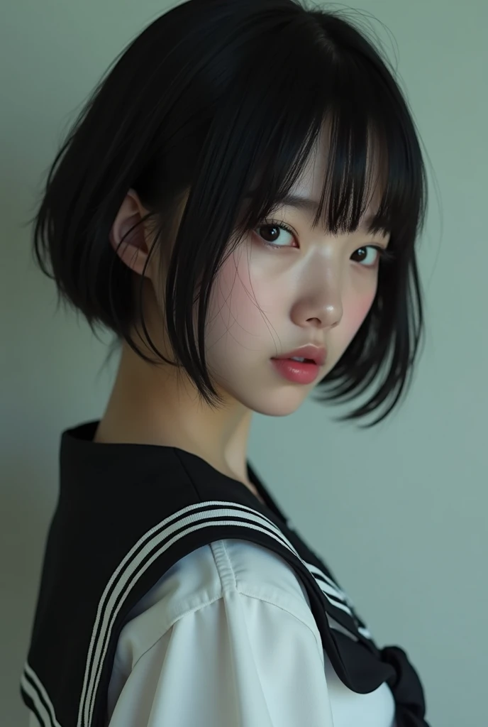 Realistic glowing skin, (sweating:1.8),Stand backwards,Look back at your face,Always look at the camera, (When the uniform gets wet with sweat, it becomes transparent..:1.6),(sweating:1.4),(Nipples are visible:1.9),
Classic black and white sailor uniform,Summer clothes,Cold look,Cold Stare,Black Hair,short hair,Tie your hair short,Silky translucent white skin,best Realistic depiction,(Very detailed美しい顔), Great face and eyes, (Highest quality:1.4), (Very detailedな), (Very detailed CG 統合 8k 壁紙), Very detailed, High resolution raw color photos, Professional photography, Realistic portrait,
 (Detailed RAW photos of the girl&#39;s whole body), Canon EOS R5 250mm, Sharp focus, Cinema Lighting,  (No makeup:1.2), Fine skin, Delicate collarbone,Fine texture of the sailor uniform,Very Realistic sailor uniform texture,(Ultra-high resolution:1.6), (Realistic:1.6), 