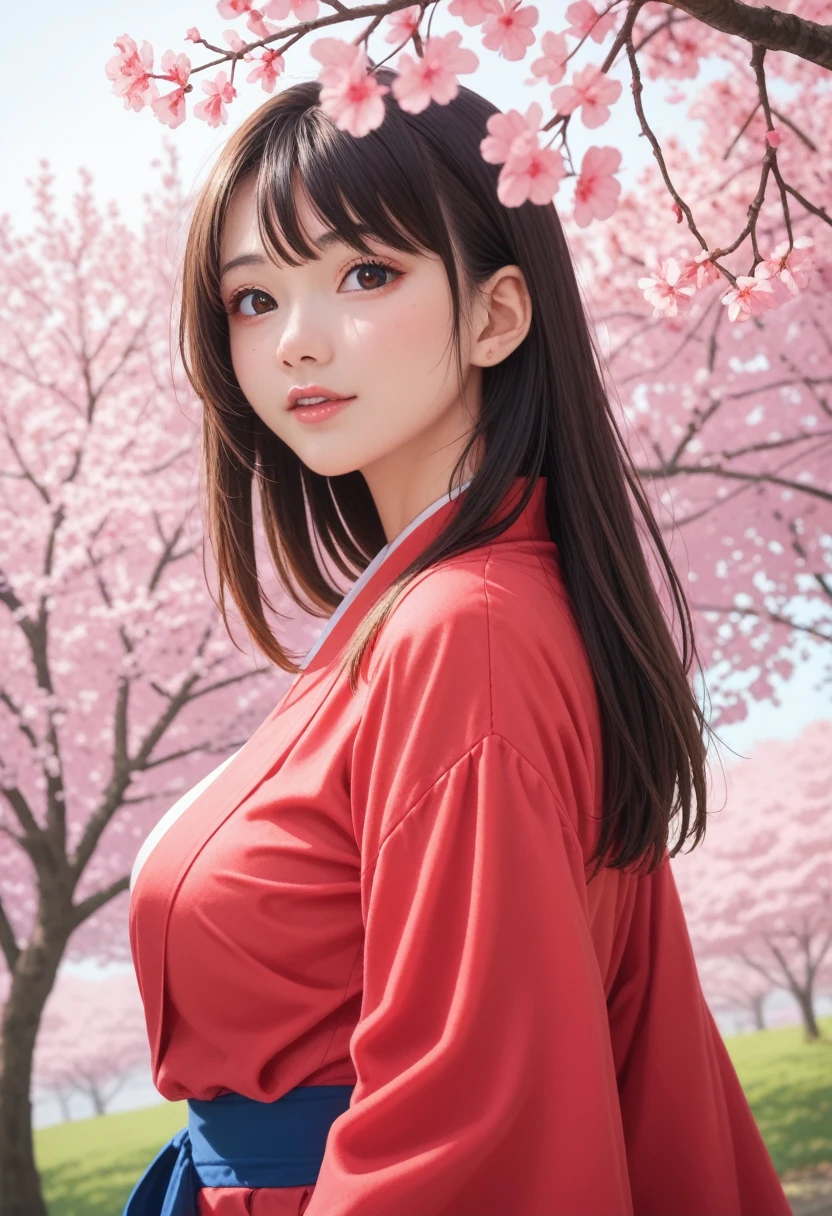 score_9,score_8_up,score_7_up,(pastel-color),(high brightness colors),Cute 20-year-old Japanese 1 girl,solo,(8k, masterpiece, ultra-detailed, best quality, ultra high res, newest, very aesthetic, absurdres, illustration, perfect composition),(hires),looking at viewer,black hair,shiny skin,fair skin,(upper body:1.5),toothless smilev,emphasizing her curvy body and large breasts,A beauty in a vibrant red kimono, gracefully looking back over her shoulder, background of cherry trees in full bloom